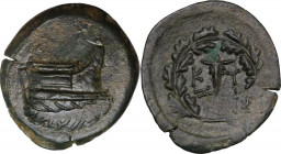 Greek Asia. Mysia, Kyzikos. Symmachy coinage. AE 31 mm. c. 404 or 394 BC. Obv. Prow right; below, waves. Rev. K-Y/Z-I flanking bucranium; all within o...