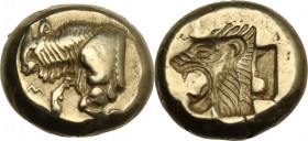 Greek Asia. Lesbos, Mytilene. EL Hekte-Sixth Stater, c. 521 - 478 BC. Obv. Forepart of bull left. Rev. Incuse head of lion left; rectangular punch beh...