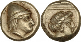 Greek Asia. Lesbos, Mytilene. EL Hekte-Sixth Stater, c. 377-326 BC. Obv. Head of Kabeiros right, wearing wreathed cap; two stars flanking. Rev. Head o...