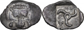 Greek Asia. Dynasts of Lycia. Mithrapata (c. 390-370 BC). AR Stater. Obv. Facing lion scalp. Rev. Triskeles; to left, head of Hermes facing slightly l...