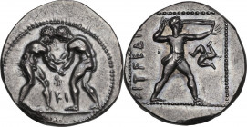 Greek Asia. Pamphylia, Aspendos. AR Stater, c. 420-370 BC. Obv. Two naked athletes, wrestling, grasping each other by the arms; between their legs, KI...