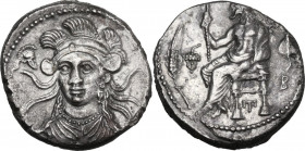 Greek Asia. Cilicia, Tarsos. Balakros, Satrap of Cilicia (c.333-323 BC). AR Stater. Obv. Baaltars seated left, holding lotus-tipped sceptre; ear of gr...