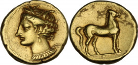 Africa. Zeugitania, Carthage. EL Stater, c. 310-306 BC. Obv. Head of Tanit left with rolled hair, wearing necklace, triple pendant earring and wreath ...