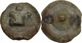 Dioscuri/Mercury series. AE Cast Uncia, c. 280 BC. Obv. Knucklebone seen from outside; above, pellet. Rev. Pellet. Cr. 14/6; Vecchi ICC 31; HN Italy 2...