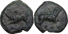 Apollo/Apollo series. AE Cast Quadrans, c. 275-270 BC. Obv. Boar leaping right; below, three pellets. Rev. Boar leaping left; below, three pellets. Cr...