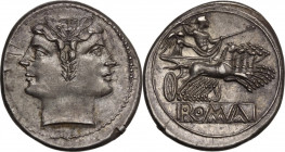 Anonymous. AR Quadrigatus, c. 225-214 BC. Obv. Laureate Janiform head of Dioscuri. Rev. Jupiter, holding sceptre and hurling thunderbolt, in fast quad...