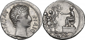 Augustus (27 BC-14 AD). AR Denarius, Lugdunum mint. Struck 15-13 BC. Obv. AVGVSTVS DIVI F. Bare head right. Rev. IMP X (in exergue). Two soldiers each...