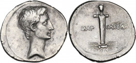 Augustus (27 BC-14 AD). AR Denarius, 29-27 BC. Obv. Bare head right. Rev. IMP CAESAR across field. Herm surmounted by triumphal terminal bust of Octav...