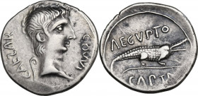Augustus (27 BC-14 AD). AR Denarius. Imitation of an uncertain Italian mint issue, c. 29-27 BC. Obv. CAEƧAR COS VI. Bare head right, lituus behind. Re...