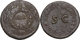 Augustus (27 BC-14 AD). AE Sestertius, P. Licinius Stolo, moneyer, 17 BC. Obv. OB above, SERVATOS below, CIVIS within oak wreath between two laurel br...