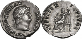 Nero (54-68). AR Denarius, 67-68. Obv. IMP NERO CAESAR AVG PP. Laureate head right. Rev. IVPPITER CVSTOS. Jupiter, bare to waist, seated left on thron...