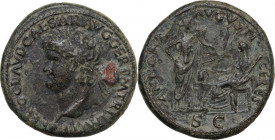 Nero (54-68). AE Sestertius. Lugdunum mint, c. 65 AD. Obv. NERO CLAVD CAESAR AVG GER PM TR P IMP PP. Laureate bust left, globe at point of bust. Rev. ...