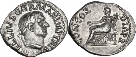 Vitellius (69 AD). AR Denarius. Obv. A VITELLIVS GERMAN IMP TR P. Laureate head right. Rev. CONCORDIA PR. Concordia seated left, holding patera and co...