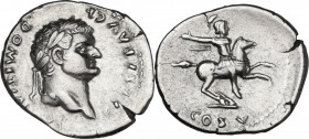 Domitian as Caesar (69-79). AR Denarius. Struck under Vespasian, 77-78. Obv. CAESAR AVG F DOMITIANVS. Laureate head right. Rev. Soldier on horseback g...