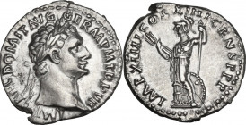 Domitian (81-96). AR Denarius, 88 AD. Obv. IMP CAES DOMIT AVG GERM PM TR P VII. Laureate head right. Rev. IMP XIIII COS XIIII CENS PPP. Minerva standi...