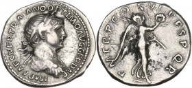 Trajan (98-117). AR Quinarius, Rome mint, 112-115 AD. Obv. IMP CAES NER TRAIANO OPTIMO AVG GER DAC. Laureate, draped and cuirassed bust right. Rev. P ...