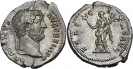 Hadrian (117-138). AR Denarius, 134-138 AD. Obv. HADRIANVS AVG COS III PP. Laureate head right. Rev. FELICITAS AVG. Felicitas standing left, holding c...