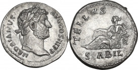 Hadrian (117-138). AR Denarius, 134-138. Obv. HADRIANVS AVG COS III PP. Laureate head right. Rev. TELLVS STABIL (in exergue). Tellus reclining left, r...