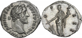 Antoninus Pius (138-161). AR Denarius,148-149 AD. Obv. ANTONINVS AVG PIVS PP TR P XII. Laureate head right. Rev. COS IIII. Felicitas standing facing, ...