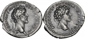 Antoninus Pius (138-161) and Marcus Aurelius Caesar. AR Denarius, 140 AD. Obv. ANTONINVS AVG PIVS PP TR P COS III. Laureate head right. Rev. AVRELIVS ...