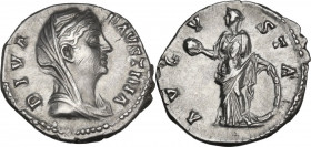 Diva Faustina I (after 141 AD). AR Denarius. Obv. DIVA FAVSTINA. Veiled and draped bust right. Rev. AVGVSTA. Venus standing left, holding apple and re...