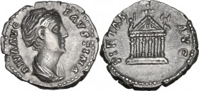 Diva Faustina I (after 141 AD). AR Denarius. Obv. DIVA AVG FAVSTINA. Draped bust right, hair coiled on top of head. Rev. PIETAS AVG. Hexastyle temple ...