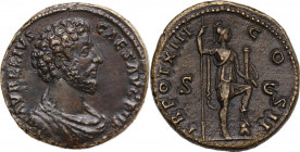 Marcus Aurelius as Caesar (139-161). AE Sestertius, Rome mint. Struck under Antoninus Pius,158-159 AD. Obv. AVRELIVS CAES AVG PII F. Bareheaded, drape...