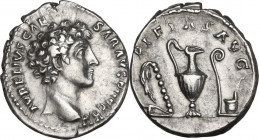 Marcus Aurelius (161-180). AR Denarius, 140-144. Obv. AVRELIVS CAESAR AVG PII F COS. Bare head right. Rev. PIETAS AVG. Knife, sprinkler, ewer, lituus ...