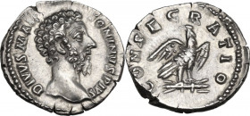 Marcus Aurelius (Divus, died 180 AD). AR Denarius, Consecration issue struck under Commodus. Obv. DIVVS M ANTONINVS PIVS. Bare head right. Rev. CONSEC...