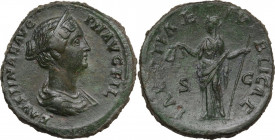 Faustina II, wife of Marcus Aurelius (died 176 AD). AE Sestertius. Struck under Antoninus Pius, 145-146. Obv. FAVSTINAE AVG PII AVG FIL. Diademed and ...