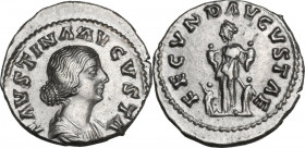 Faustina II, wife of Marcus Aurelius (died 176 AD). AR Denarius. Struck under Marcus Aurelius and Lucius Verus, circa 161 AD. Obv. FAVSTINA AVGVSTA. D...