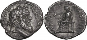 Pertinax (193 AD). AR Denarius, Rome mint. Obv. IMP CAES [P HELV] PERTIN A[VG] Laureate head right. Rev. OPI DIVIN TR P COS II. Ops seated left, holdi...