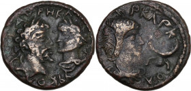 Septimius Severus, with Caracalla and Julia Domna (193-211). AE 20 mm. Carrhae mint, Mesopotamia. Obv. AYPH KA[...]KOΛ. Laureate head of Septimius Sev...