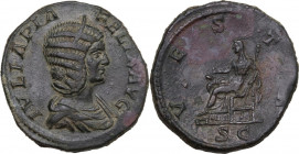 Julia Domna, wife of Septimius Severus (died 217 AD). AE Sestertius. Obv. IVLIA PIA FELIX AVG. Diademed and draped bust right. Rev. VESTA SC. Vesta, v...