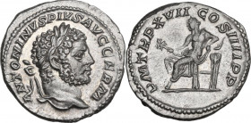 Caracalla (198-217). AR Denarius, 214 AD. Obv. ANTONINVS PIVS AVG GERM. Laureate head right. Rev. PM TR P XVII COS IIII PP. Apollo seated left, holdin...