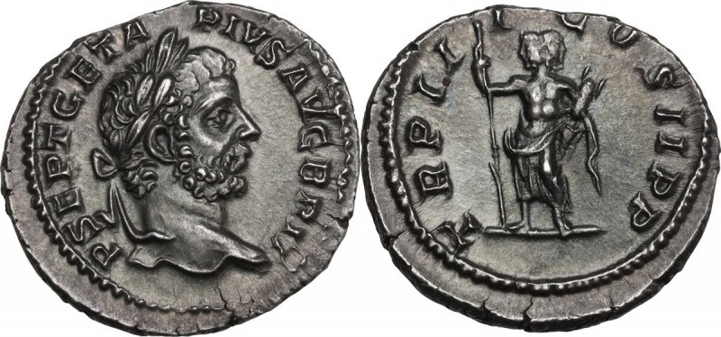 Geta (198-212). AR Denarius, 211 AD. Obv. P SEPT GETA PIVS AVG BRIT. Laureate bu...