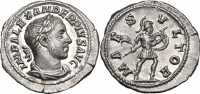 Severus Alexander (222-235 AD). AR Denarius, 231-235 AD. Obv. IMP ALEXANDER PIVS AVG. Laureate, draped and cuirassed bust right. Rev. MARS VLTOR. Mars...