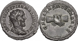 Pupienus (238 AD). AR Antoninianus, 238 AD. Obv. IMP CAES PVPIEN MAXIMVS AVG. Radiate, draped and cuirassed bust right. Rev. CARITAS MVTVA AVGG. Clasp...