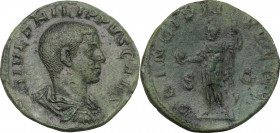 Philip II (246-249). AE Sestertius, 246 AD. Obv. Draped and cuirassed bust right, head bare. Rev. Philip II standing left, holding globe and spear. RI...