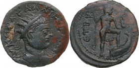 Gallienus (253-268). AE 29 mm. Aezanis mint (?) Phrygia. Obv. AVH[ ]Λ ΓAΛNIHN [ ] Radiate bust right. Rev. Poseidon, naked, standing right, with foot ...