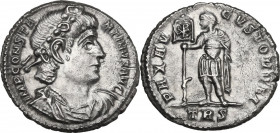 Constantine II (337-340). AR Siliqua. Treveri mint, 337-340. Obv. IMP CONSTANTINVS AVG. Laurel and rosette diademed, draped and cuirassed bust right. ...
