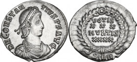 Constantius II (337-361). AR Siliqua. Sirmium mint, 351-355. Obv. DN CONSTANTIVS PF AVG. Pearl-diademed, draped and cuirassed bust right. Rev. VOTIS/ ...