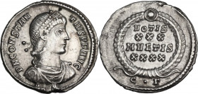 Constantius II (337-361). AR Siliqua, Constantinople mint. Obv. DN CONSTAN-TIVS PF AVG. Pearl-diademed, draped and cuirassed bust right. Rev. VOTIS/XX...