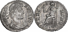 Valens (364-378). AR Siliqua, Treveri mint. Obv. DN VALENS PF AVG. Pearl-diademed, draped and cuirassed bust right. Rev. VRBS ROMA. Roma seated left o...