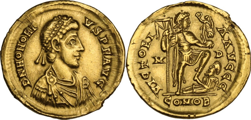 Honorius (393-423). AV Solidus, Mediolanum mint, 402-423 AD. Obv. DN HONORIVS PF...