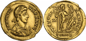 Honorius (393-423). AV Solidus, Mediolanum mint, 402-423 AD. Obv. DN HONORIVS PF AVG. Pearl-diademed, draped and cuirassed bust right. Rev. VICTORIA A...