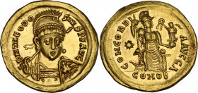 Theodosius II (402-450). AV Solidus, Constantinople mint, 408-430 AD. Obv. DN THEODOSIVS PF AVG. Pearl-diademed, helmeted and cuirassed bust facing sl...