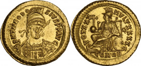 Theodosius II (402-450). AV Solidus, Constantinople mint, 430-440 AD. Obv. DN THEODOSIVS PF AVG. Pearl-diademed, helmeted and cuirassed bust facing sl...