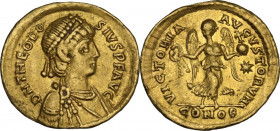 Theodosius II (408-450). AV Tremissis. Constantinople mint, 408-419. Obv. DN THEODOSIVS PF AVG. Pearl-diademed, draped and cuirassed bust right. Rev. ...