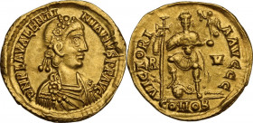 Valentinian III (425-455). AV Solidus, 426-430 AD. Ravenna mint. Obv. DN PLA VALENTINIANVS P F AVG. Rosette diademed,draped and cuirassed bust right. ...